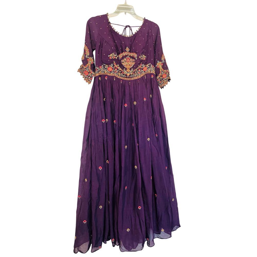 Virmoya Plum Wine Silk Anarkali Suit Dress XL Intricate Embroidery & Beaded Sash